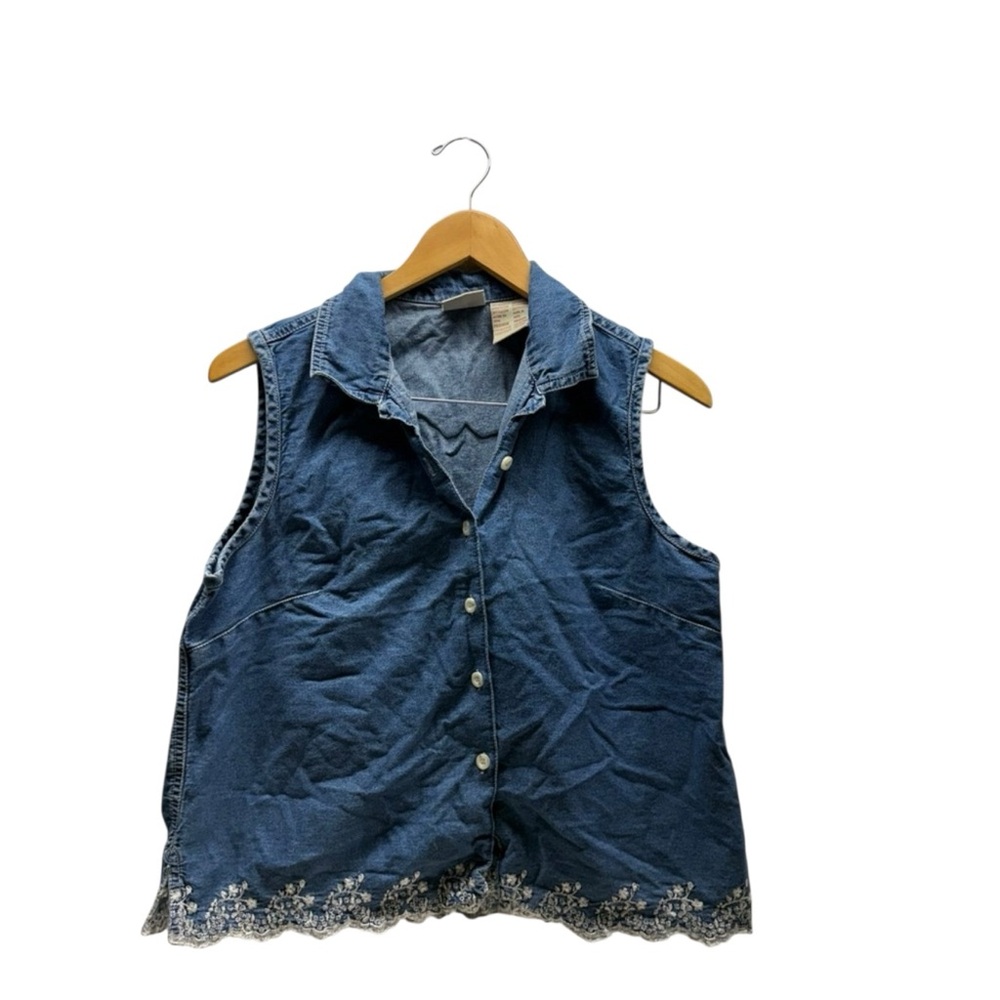 Y2K Denim Vest Button Up Embroidered Flower Top